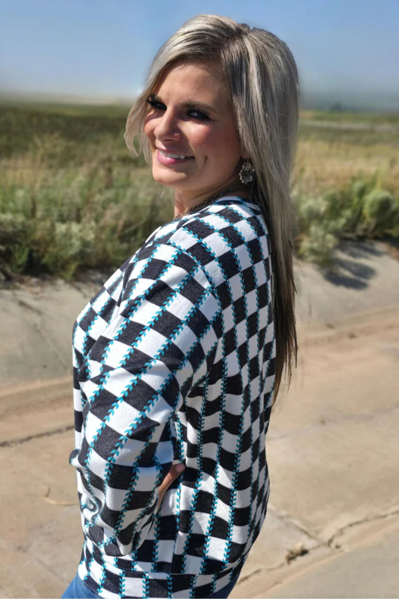 CHECKED IN TURQUOISE L/S